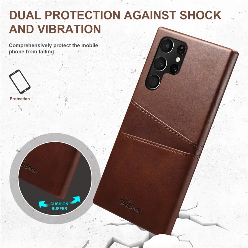 SUTENI for Samsung Galaxy S22 Ultra 5G PU Leather Coated PC Case Well-protected Textured Mobile Phone Cover with Card Holders - Brown