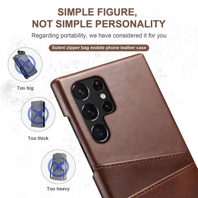 SUTENI for Samsung Galaxy S22 Ultra 5G PU Leather Coated PC Case Well-protected Textured Mobile Phone Cover with Card Holders - Brown