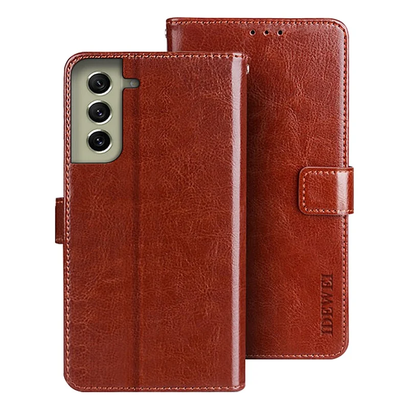 IDEWEI for Samsung Galaxy S21 FE 5G Shockproof Crazy Horse Texture Protective Cover PU Leather + TPU Stand Wallet Phone Case - Brown