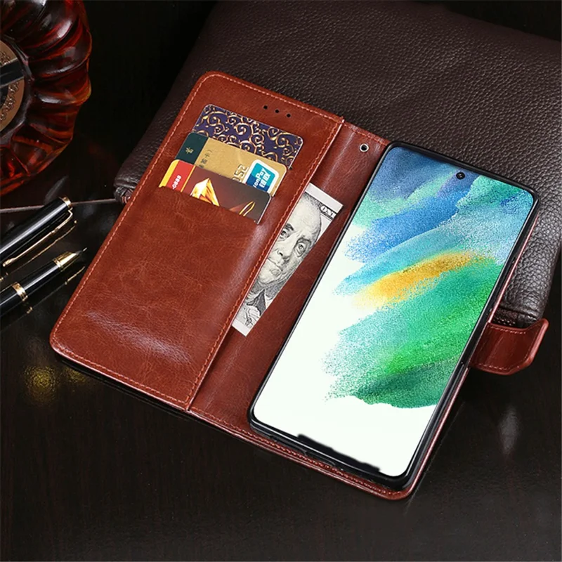 IDEWEI for Samsung Galaxy S21 FE 5G Shockproof Crazy Horse Texture Protective Cover PU Leather + TPU Stand Wallet Phone Case - Brown
