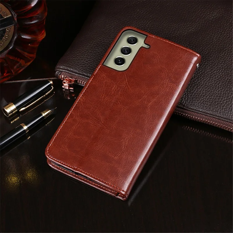 IDEWEI for Samsung Galaxy S21 FE 5G Shockproof Crazy Horse Texture Protective Cover PU Leather + TPU Stand Wallet Phone Case - Brown