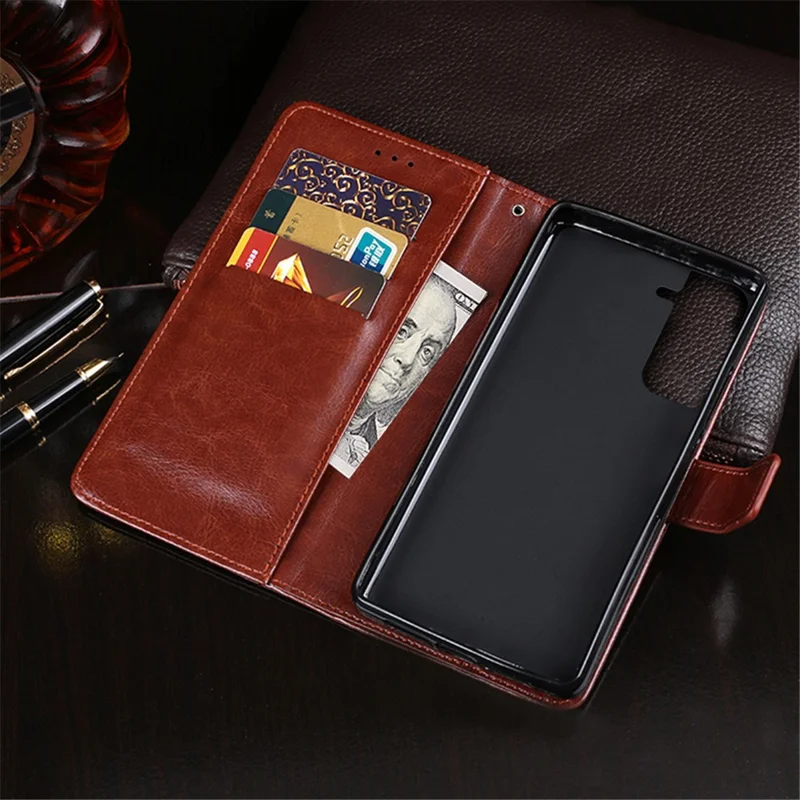 IDEWEI for Samsung Galaxy S21 FE 5G Shockproof Crazy Horse Texture Protective Cover PU Leather + TPU Stand Wallet Phone Case - Brown