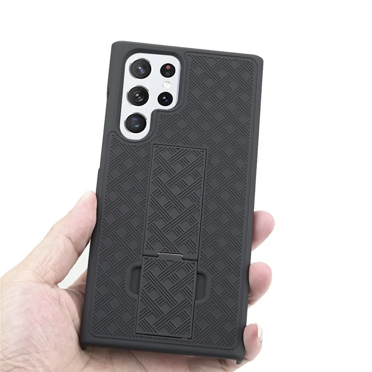 Woven Texture Belt Clip Kickstand Phone Case for Samsung Galaxy S22 Ultra 5G, PC + TPU Hybrid Shell with Sliding Cover