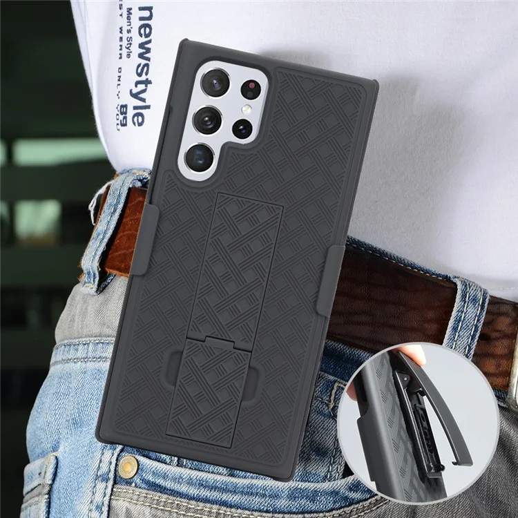 Woven Texture Belt Clip Kickstand Phone Case for Samsung Galaxy S22 Ultra 5G, PC + TPU Hybrid Shell with Sliding Cover