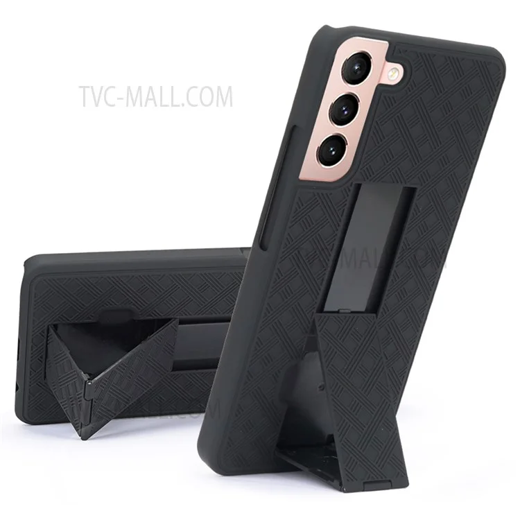 Screen Sliding Cover Phone Case for Samsung Galaxy S22 5G, Woven Texture PC + TPU Rotary Clip Kickstand Phone Shell