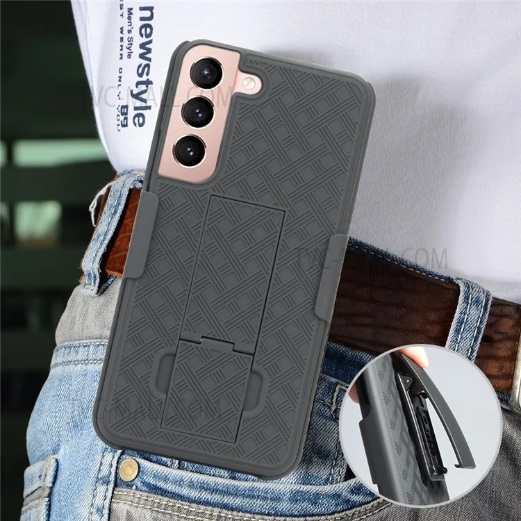 Screen Sliding Cover Phone Case for Samsung Galaxy S22 5G, Woven Texture PC + TPU Rotary Clip Kickstand Phone Shell