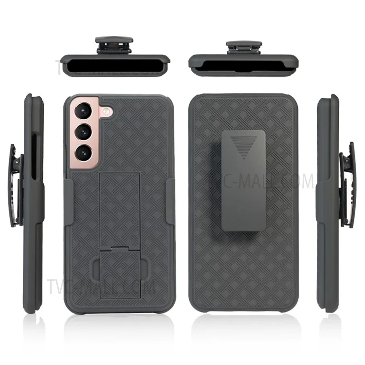 Screen Sliding Cover Phone Case for Samsung Galaxy S22 5G, Woven Texture PC + TPU Rotary Clip Kickstand Phone Shell