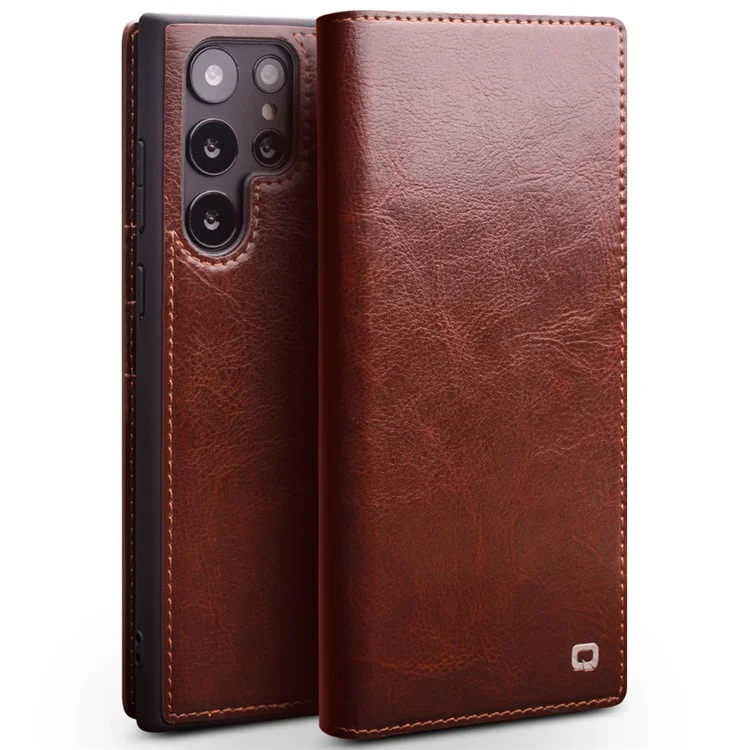 QIALINO pour Samsung Galaxy S22 Ultra 5G Folio Flip Portefeuille Stand Design Anti-choc Véritable Étui en Cuir - Marron