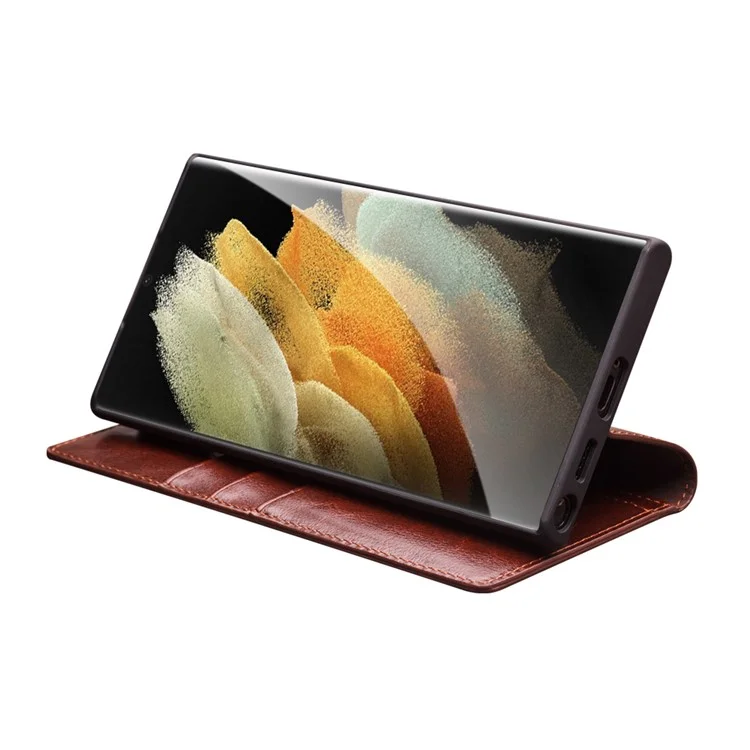 Qialino Pour Samsung Galaxy S22 Ultra 5G Folio Flip Portefeuille Stand Conception D'études de Téléphone Portable en Cuir Authentique - Brun