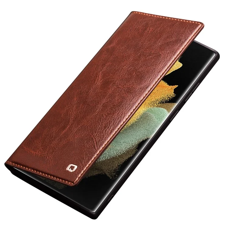 Qialino Para Samsung Galaxy S22 Ultra 5G Folio Flip Wallet Design Distancia de Teléfonos Celulares de Cuero Genuino a Prueba de Golpes - Marrón