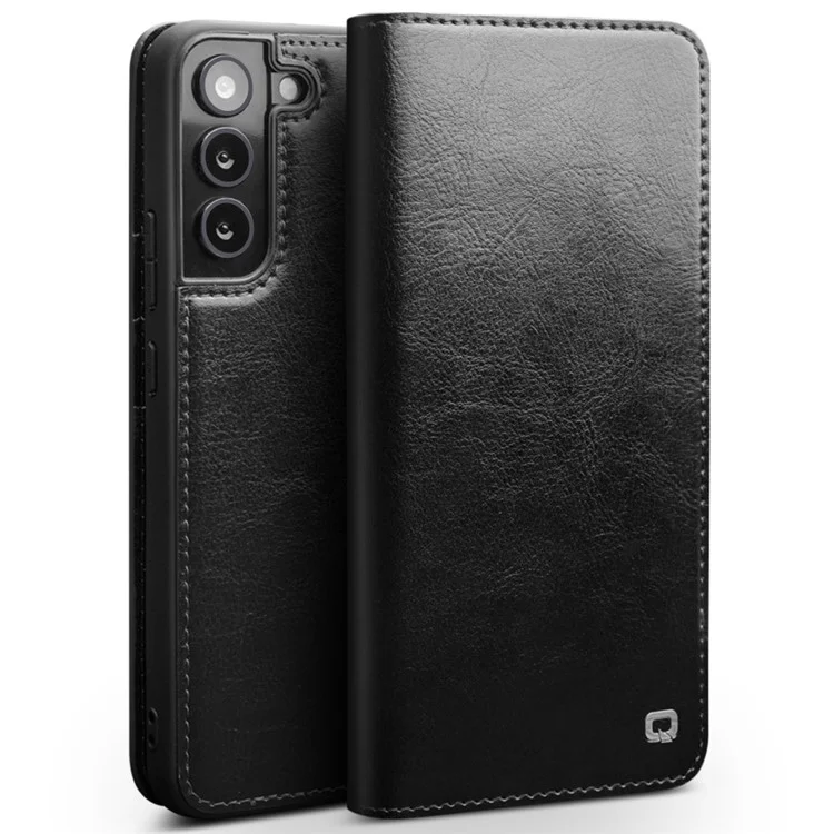 QIALINO for Samsung Galaxy S22 5G Well-protected Anti-fall Folio Flip Wallet Design Genuine Leather Cell Phone Case - Black