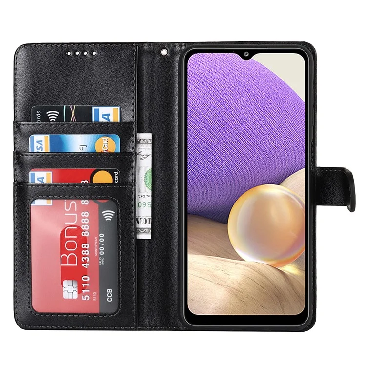 Para Samsung Galaxy A32 5G R61 Textura Teléfono de Costura Telta Diseño de Billetera de Doble Cara Patrón de Cierre Magnético Pus Cubierta de Cuero Impreso Con Soporte - Negro