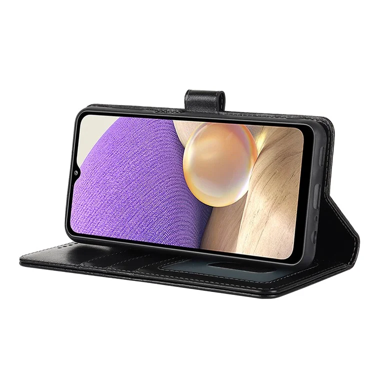 Para Samsung Galaxy A32 5G R61 Textura Teléfono de Costura Telta Diseño de Billetera de Doble Cara Patrón de Cierre Magnético Pus Cubierta de Cuero Impreso Con Soporte - Negro