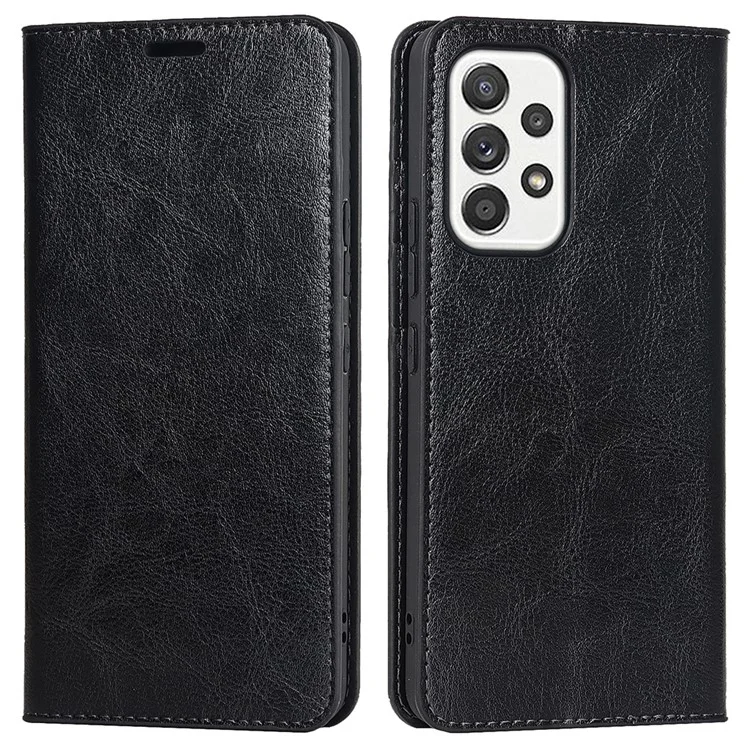 Für Samsung Galaxy A33 5G Magnetischer Auto-Verschluss Crazy Horse Textur Echtes Leder Cover Drop-proof Protection Stand Flip Wallet Case - Schwarz
