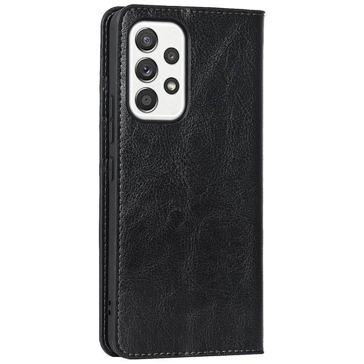 Für Samsung Galaxy A33 5G Magnetischer Auto-Verschluss Crazy Horse Textur Echtes Leder Cover Drop-proof Protection Stand Flip Wallet Case - Schwarz