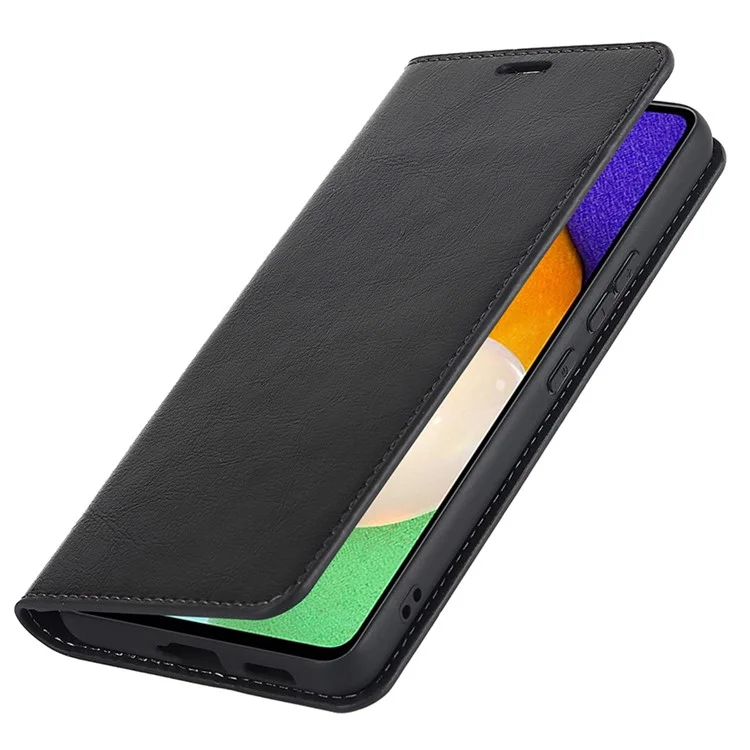 Für Samsung Galaxy A33 5G Magnetischer Auto-Verschluss Crazy Horse Textur Echtes Leder Cover Drop-proof Protection Stand Flip Wallet Case - Schwarz