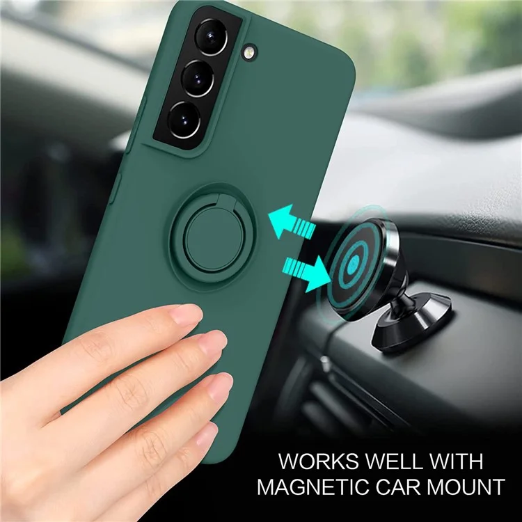 Para Samsung Galaxy S22+ 5G Finger Ring Kickstand Design Built-in Metal Sheet Liquid Silicone Cell Phone Case Shell - Blackish Green