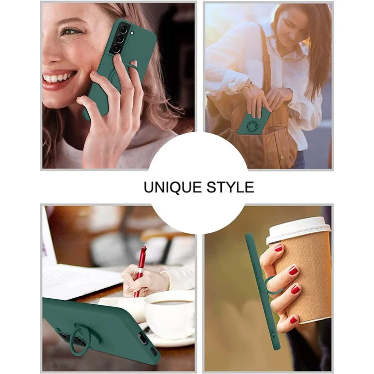 Para Samsung Galaxy S22+ 5G Finger Ring Kickstand Design Built-in Metal Sheet Liquid Silicone Cell Phone Case Shell - Blackish Green