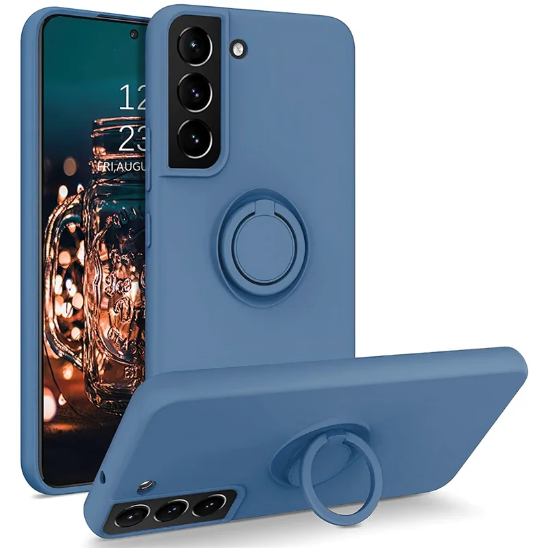 For Samsung Galaxy S22+ 5G Finger Ring Kickstand Design Built-in Metal Sheet Liquid Silicone Cell Phone Case Shell - Dark Blue