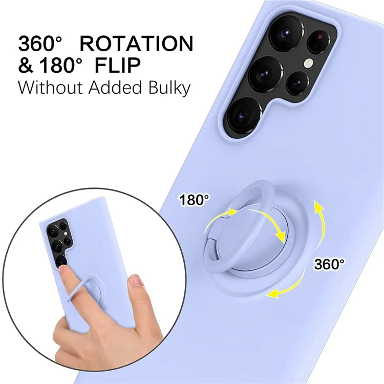 For Samsung Galaxy S22 Ultra 5G Finger Ring Kickstand Design Anti-scratch Solid Color Liquid Silicone Cell Phone Case Cover - Purple