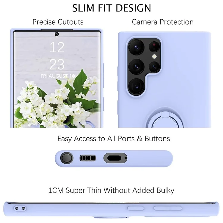 For Samsung Galaxy S22 Ultra 5G Finger Ring Kickstand Design Anti-scratch Solid Color Liquid Silicone Cell Phone Case Cover - Purple