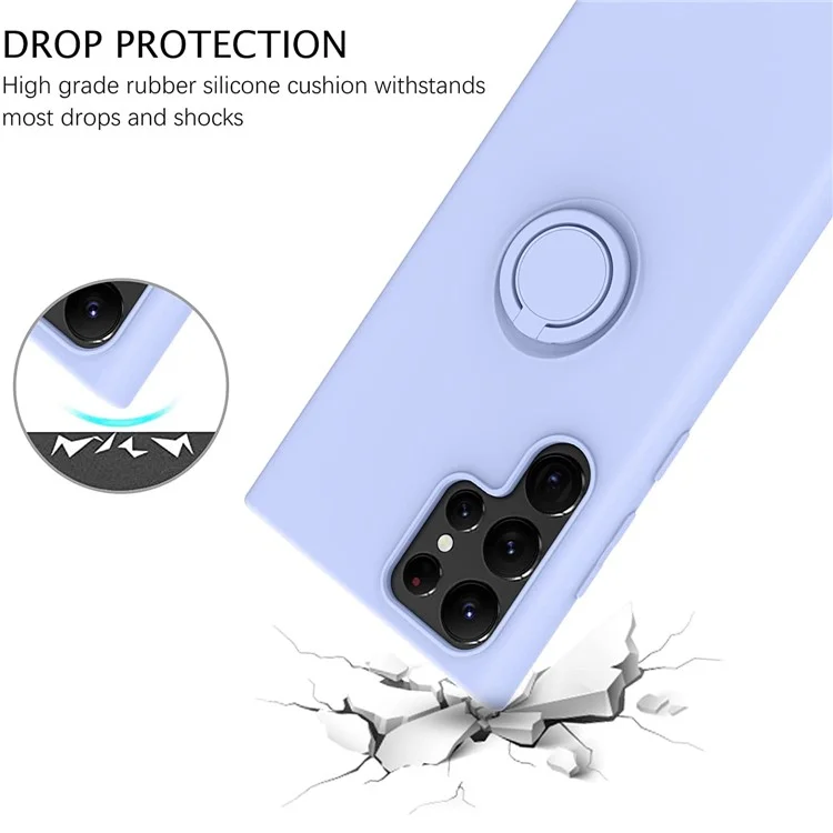 For Samsung Galaxy S22 Ultra 5G Finger Ring Kickstand Design Anti-scratch Solid Color Liquid Silicone Cell Phone Case Cover - Purple
