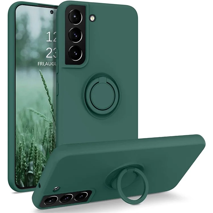 Pour Samsung Galaxy S22 5G Résistant à la Couleur Solide Résistante à L'anneau de Doigt du Doigt Conception Liquide en Silicone de Protection de la Couverture du Boîtier de Téléphone - Vert Noirâtre