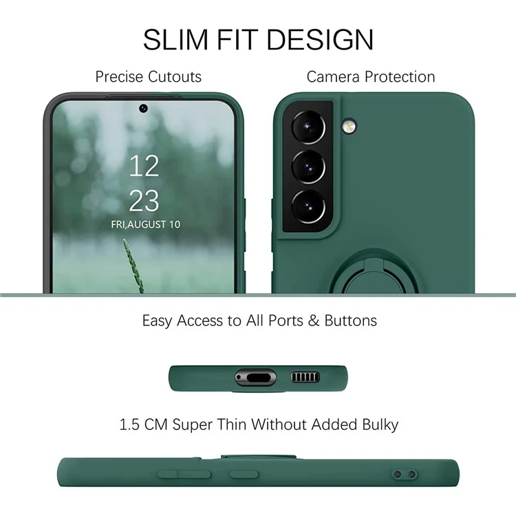 Pour Samsung Galaxy S22 5G Résistant à la Couleur Solide Résistante à L'anneau de Doigt du Doigt Conception Liquide en Silicone de Protection de la Couverture du Boîtier de Téléphone - Vert Noirâtre