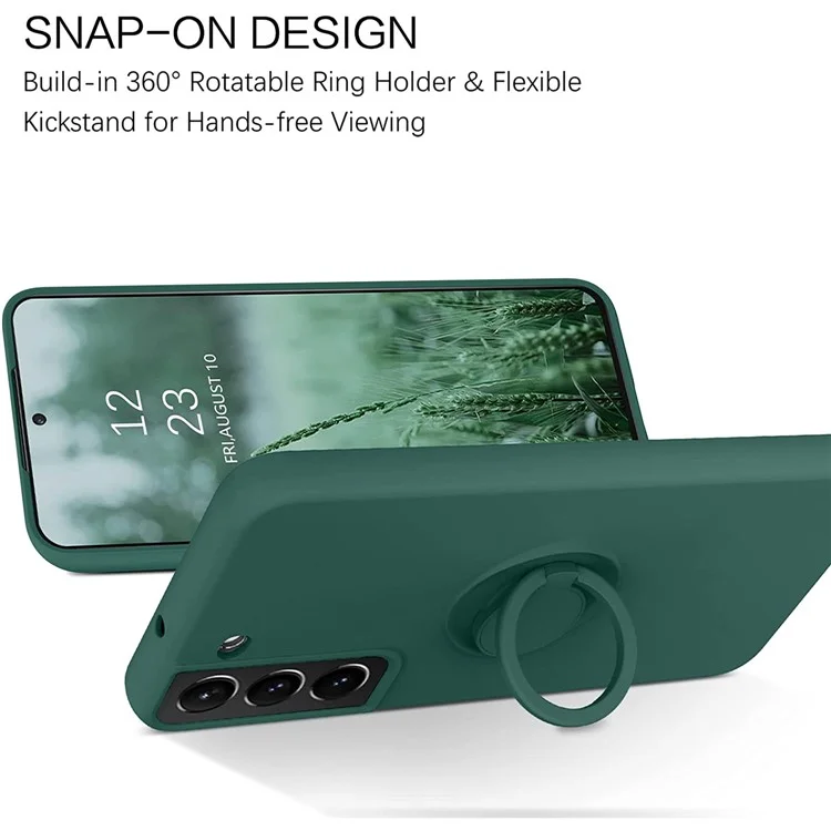 Pour Samsung Galaxy S22 5G Résistant à la Couleur Solide Résistante à L'anneau de Doigt du Doigt Conception Liquide en Silicone de Protection de la Couverture du Boîtier de Téléphone - Vert Noirâtre