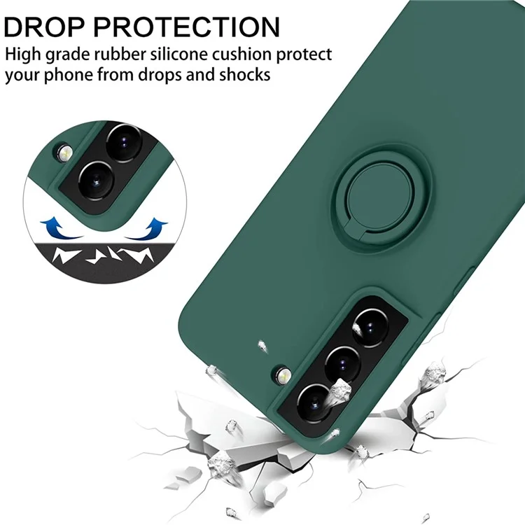 For Samsung Galaxy S22 5G Scratch-resistant Solid Color Finger Ring Kickstand Design Liquid Silicone Protective Phone Case Cover - Blackish Green