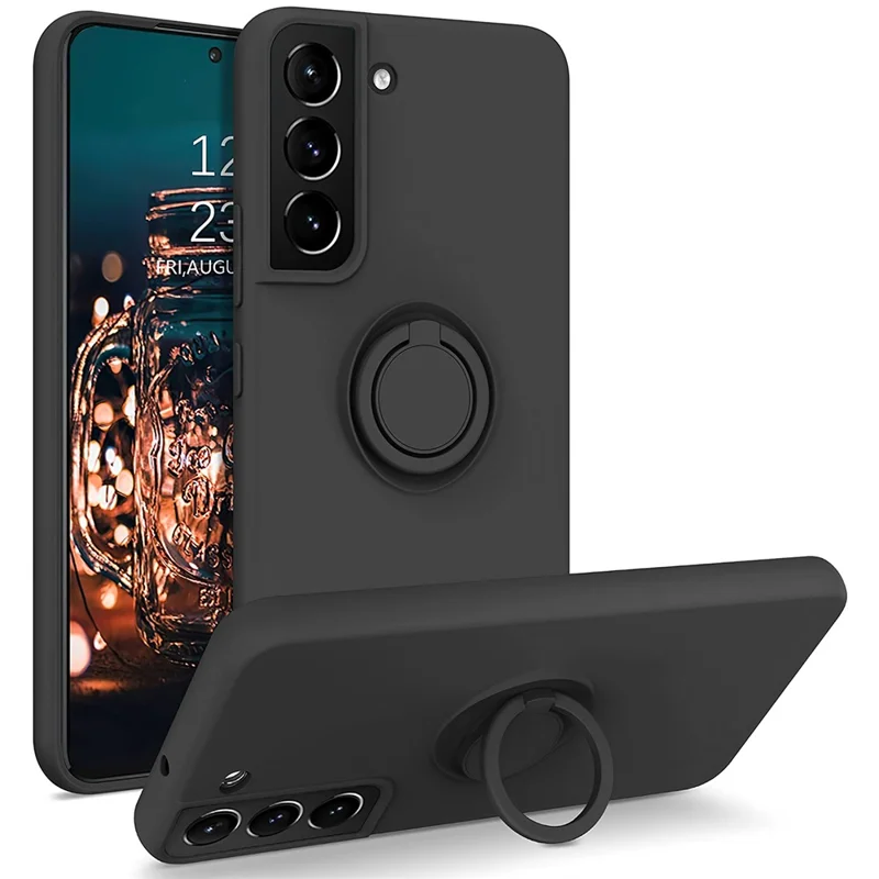 For Samsung Galaxy S22 5G Scratch-resistant Solid Color Finger Ring Kickstand Design Liquid Silicone Protective Phone Case Cover - Black