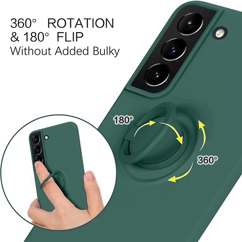 For Samsung Galaxy S22 5G Scratch-resistant Solid Color Finger Ring Kickstand Design Liquid Silicone Protective Phone Case Cover - Black