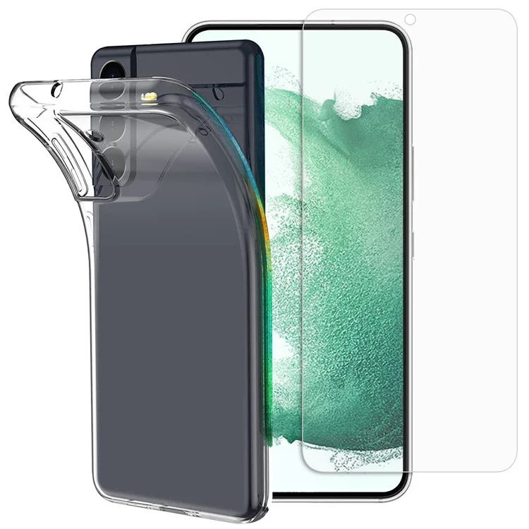 For Samsung Galaxy S22+ 5G Soft TPU Clear Anti-fingerprint Cover with Full Glue 0.1mm Tempered Glass Screen Protector (Support Fingerprint Unlocking)