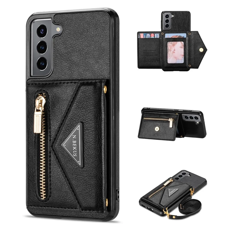 N.BEKUS for Samsung Galaxy S21 4G/5G Kickstand Design Wallet Dual-layer Protection PU Leather + TPU Cell Phone Case - Black