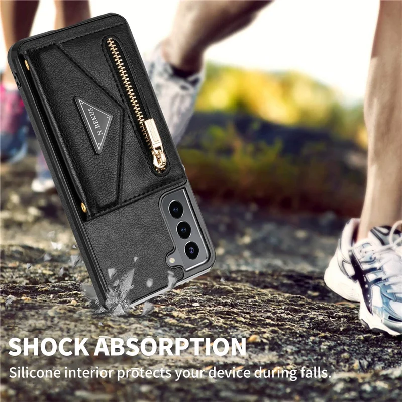 N.BEKUS for Samsung Galaxy S21 4G/5G Kickstand Design Wallet Dual-layer Protection PU Leather + TPU Cell Phone Case - Black
