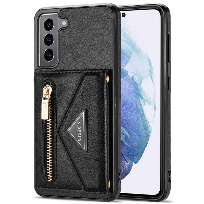 N.BEKUS for Samsung Galaxy S21 4G/5G Kickstand Design Wallet Dual-layer Protection PU Leather + TPU Cell Phone Case - Black