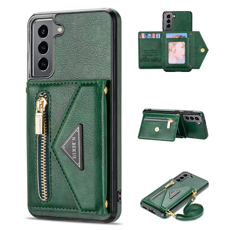 n. Bekus Für Samsung Galaxy S21 + 5G Gut Geschützte Anti-kratzer-pu-leder + TPU Kickstand Design Brieftasche Telefonabdeckung Hülle - Schwarzgrün