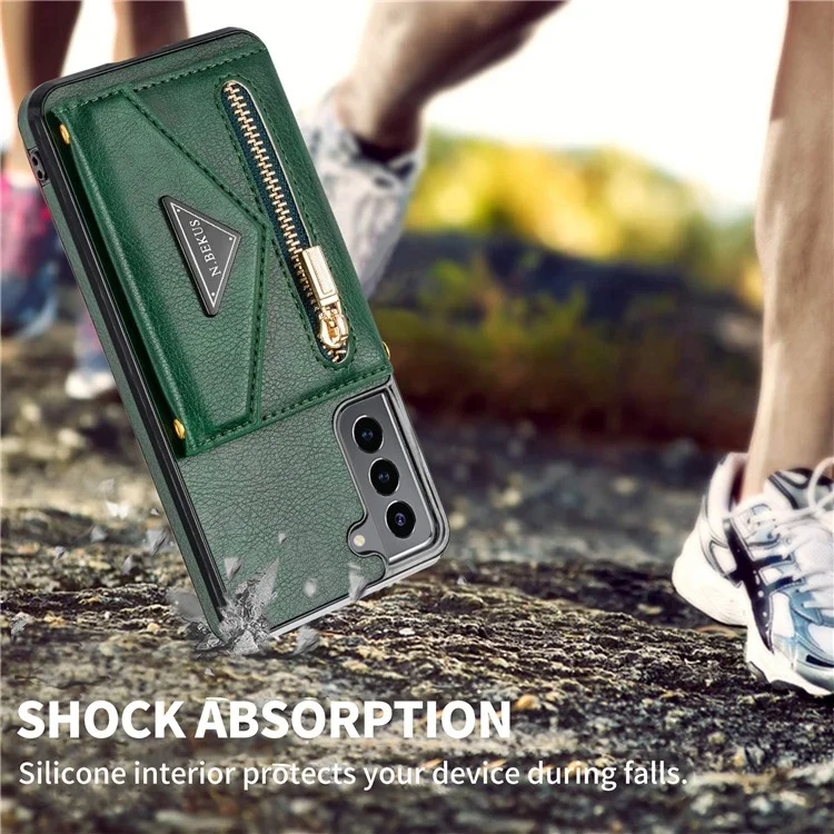 n. Bekus Für Samsung Galaxy S21 + 5G Gut Geschützte Anti-kratzer-pu-leder + TPU Kickstand Design Brieftasche Telefonabdeckung Hülle - Schwarzgrün