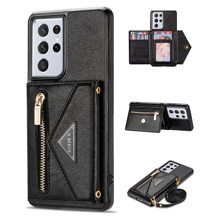 n. Bekus Für Samsung Galaxy S21 Ultra 5G Dual-layer-schutz PU Leder + TPU Kickstand Design Brieftasche Handyabdeckung Hülle - Schwarz
