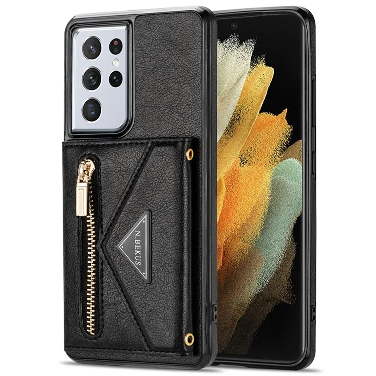 n. Bekus Für Samsung Galaxy S21 Ultra 5G Dual-layer-schutz PU Leder + TPU Kickstand Design Brieftasche Handyabdeckung Hülle - Schwarz