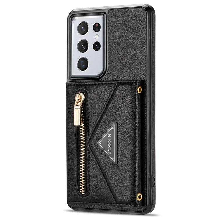 n. Bekus Für Samsung Galaxy S21 Ultra 5G Dual-layer-schutz PU Leder + TPU Kickstand Design Brieftasche Handyabdeckung Hülle - Schwarz