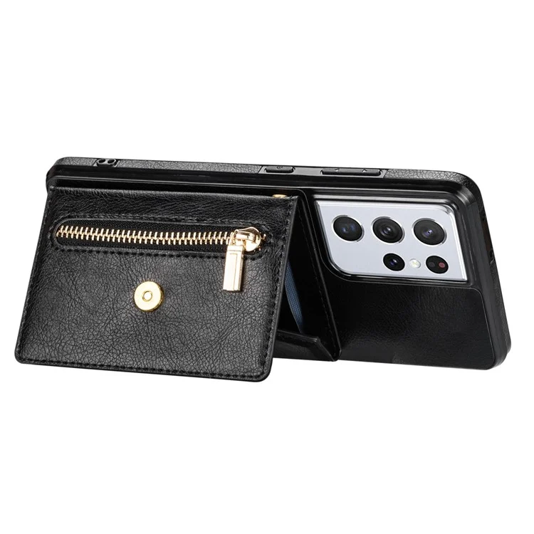 n. Bekus Für Samsung Galaxy S21 Ultra 5G Dual-layer-schutz PU Leder + TPU Kickstand Design Brieftasche Handyabdeckung Hülle - Schwarz