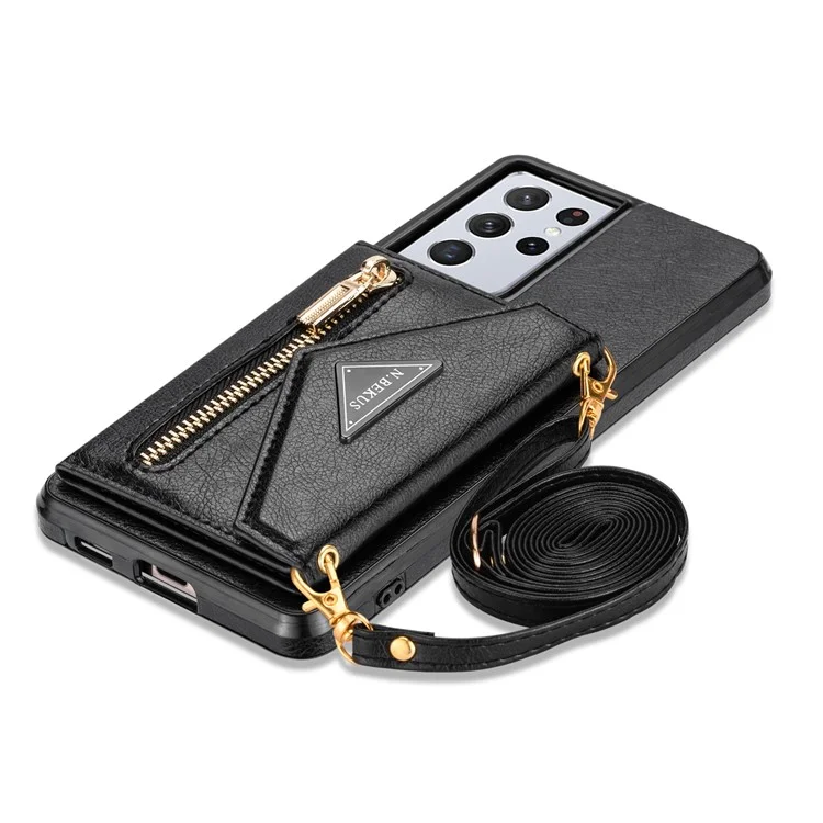 n. Bekus Für Samsung Galaxy S21 Ultra 5G Dual-layer-schutz PU Leder + TPU Kickstand Design Brieftasche Handyabdeckung Hülle - Schwarz
