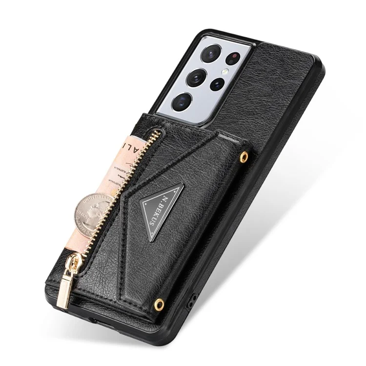 n. Bekus Für Samsung Galaxy S21 Ultra 5G Dual-layer-schutz PU Leder + TPU Kickstand Design Brieftasche Handyabdeckung Hülle - Schwarz