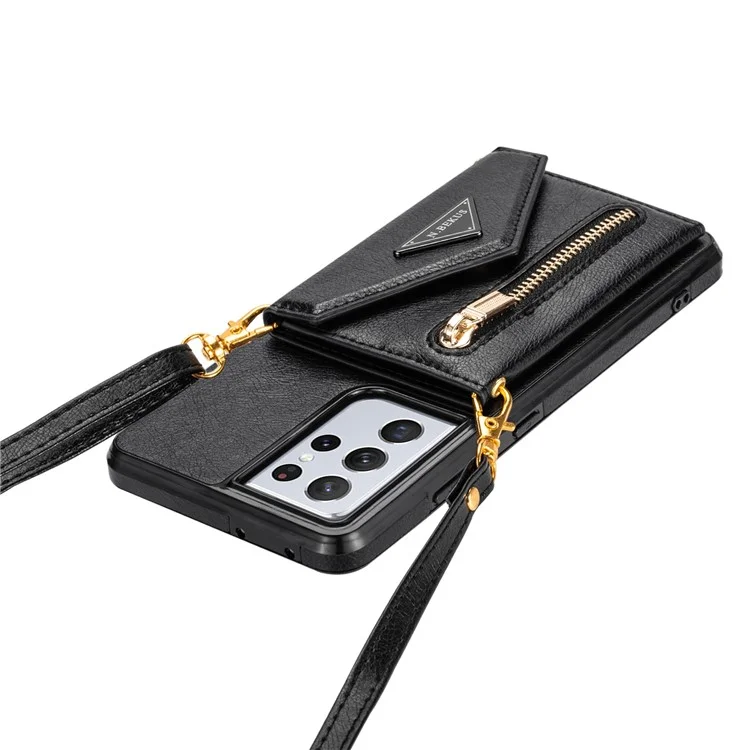 n. Bekus Für Samsung Galaxy S21 Ultra 5G Dual-layer-schutz PU Leder + TPU Kickstand Design Brieftasche Handyabdeckung Hülle - Schwarz