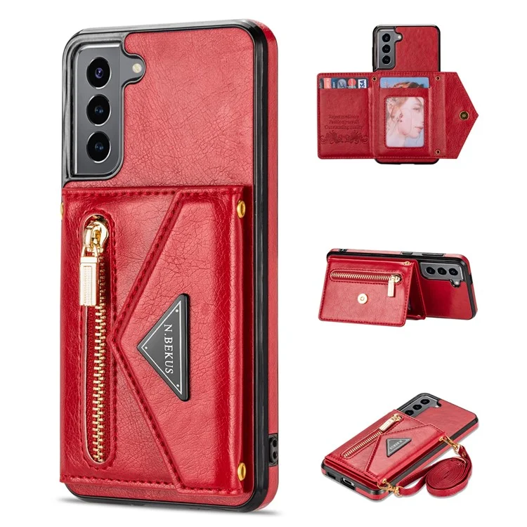 N.BEKUS for Samsung Galaxy S22+ 5G Case, PU Leather Coated TPU Kickstand Cover with Card Slots Holder and Strap - Red