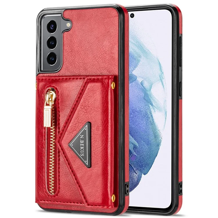 N.BEKUS for Samsung Galaxy S22+ 5G Case, PU Leather Coated TPU Kickstand Cover with Card Slots Holder and Strap - Red
