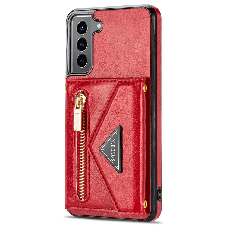 N.BEKUS for Samsung Galaxy S22+ 5G Case, PU Leather Coated TPU Kickstand Cover with Card Slots Holder and Strap - Red