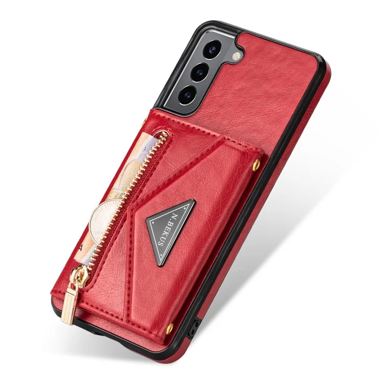 N.BEKUS for Samsung Galaxy S22+ 5G Case, PU Leather Coated TPU Kickstand Cover with Card Slots Holder and Strap - Red