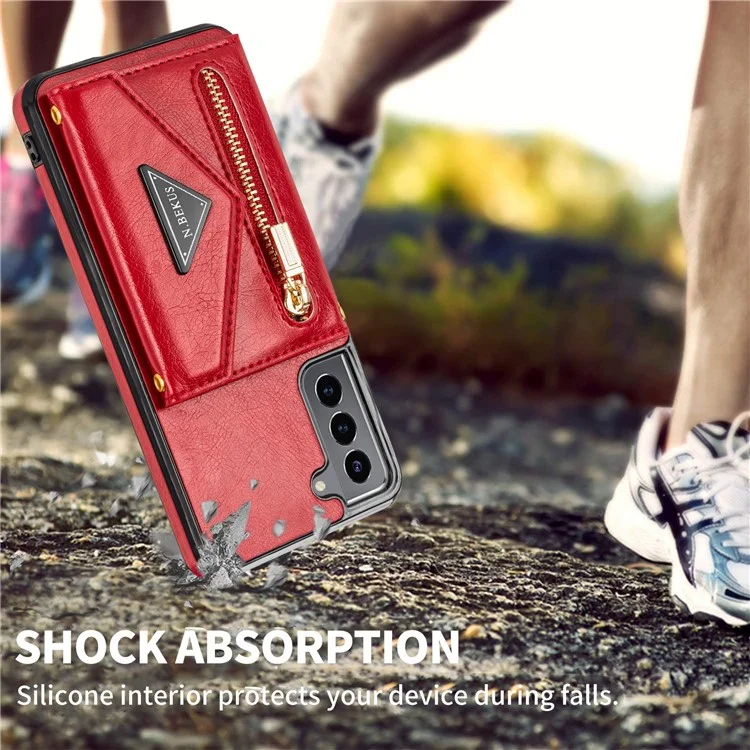 N.BEKUS for Samsung Galaxy S22+ 5G Case, PU Leather Coated TPU Kickstand Cover with Card Slots Holder and Strap - Red
